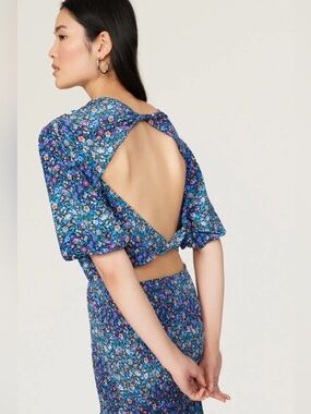 Sandro Paris "Pinelle" Smocked Floral Open Back Mini Dress
